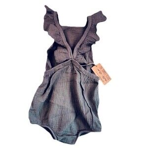 NWT The Simple Folk The Ruffle Romper Girl’s 6/7 Lead Gray 100% Cotton Muslin